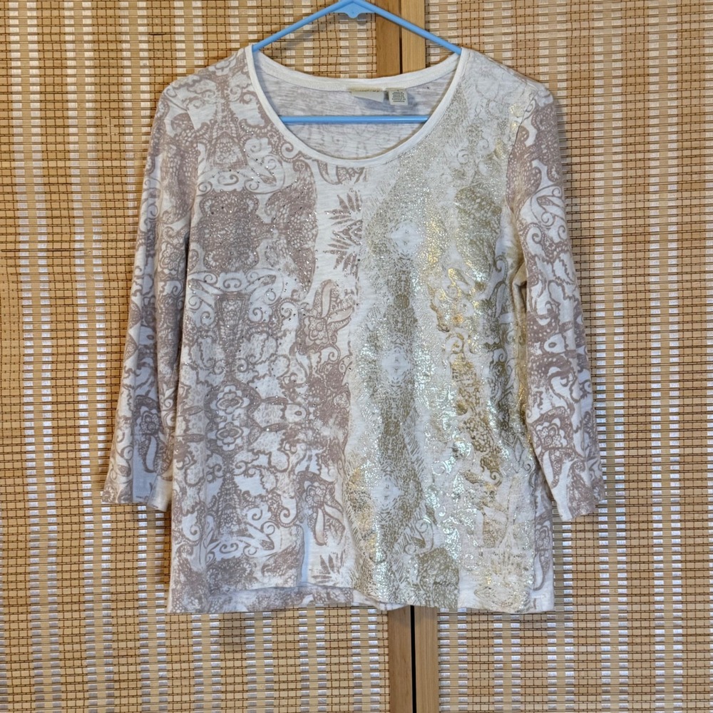 Zenergy‎ by Chico's Women White Tan Gold Foil Paisley Rhinestone Top Size M
